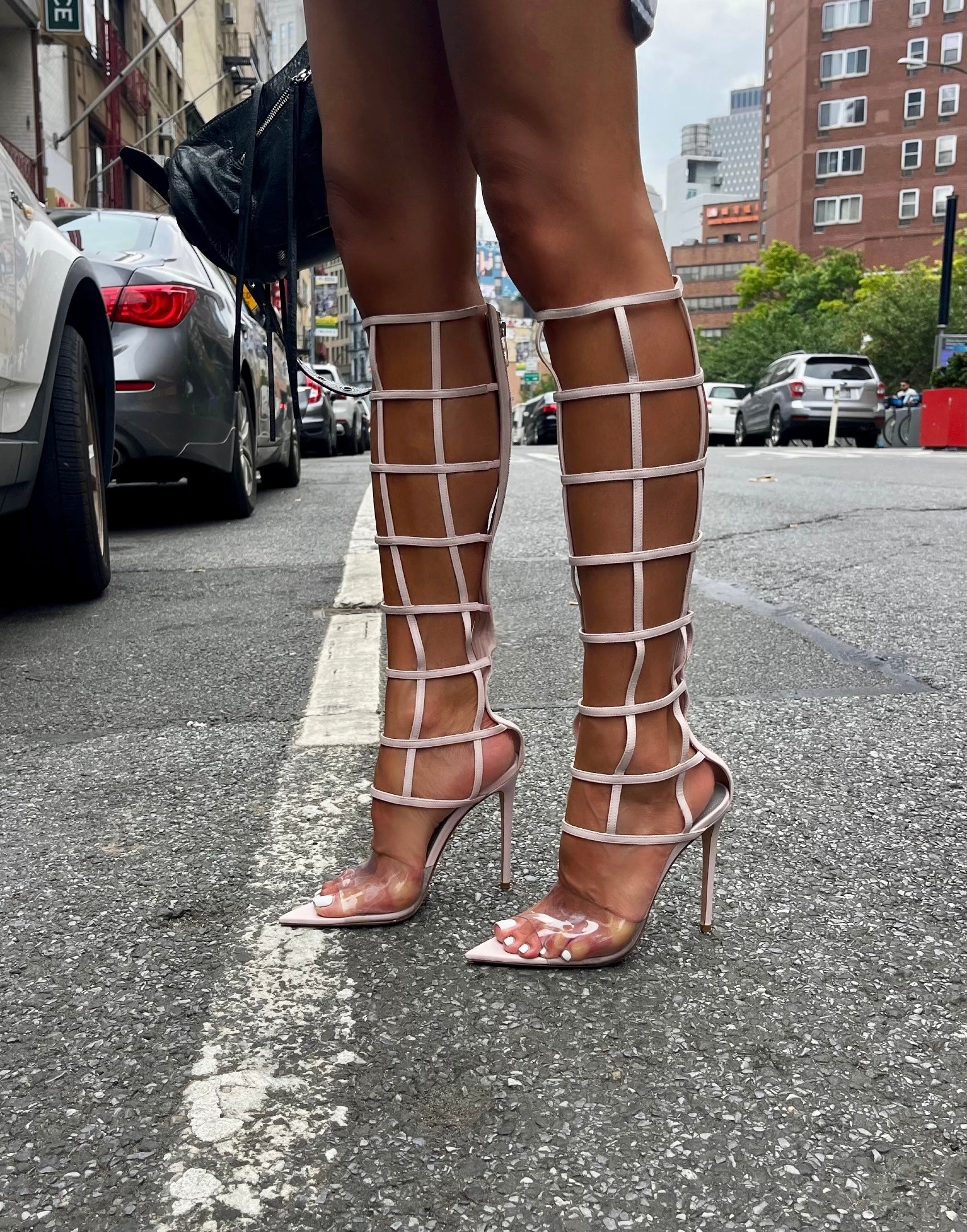 MAXIME KNEE HIGH NUDE LEATHER & PVC SANDALS