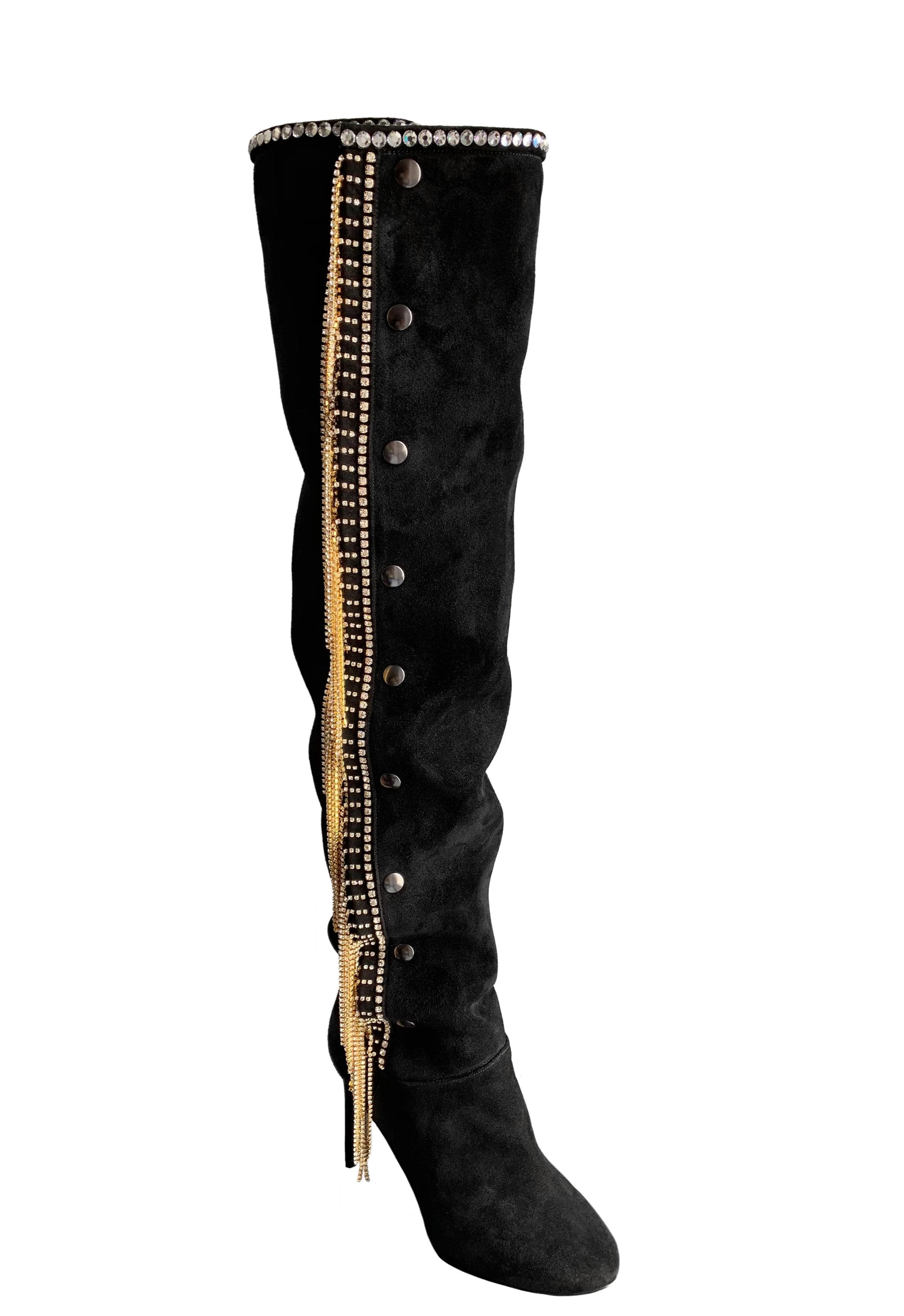 AMALIA BLACK SUEDE CRYSTAL FRINGE BOOT - Monika Chiang