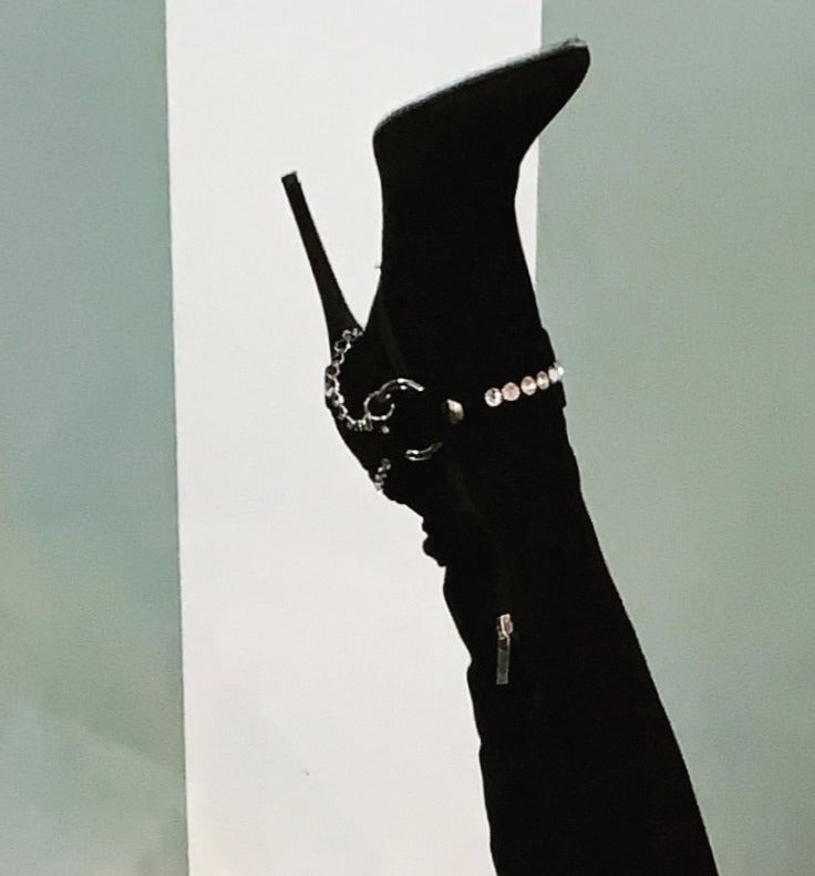 LACIA II CRYSTAL-EMBELLISHED STRETCH SUEDE THIGH-HIGH BOOT - Monika Chiang