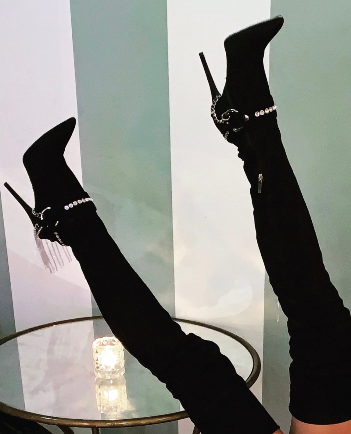 LACIA I CRYSTAL FRINGE STRETCH SUEDE THIGH-HIGH BOOT - Monika Chiang