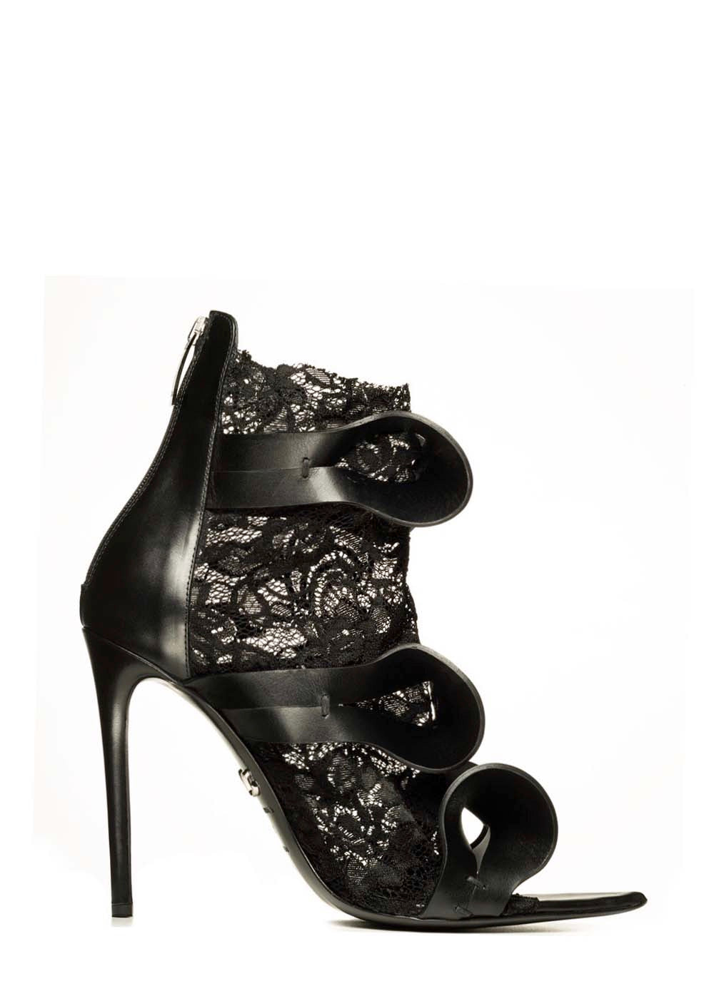 ALIX BLACK LEATHER & BLACK LACE SANDAL - Monika Chiang