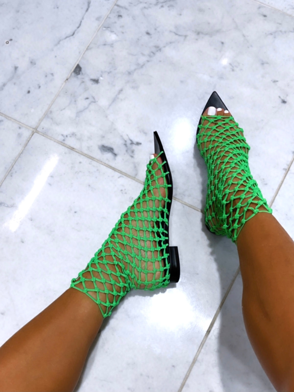 VELA NEON GREEN NET SOCK FLAT SANDALS