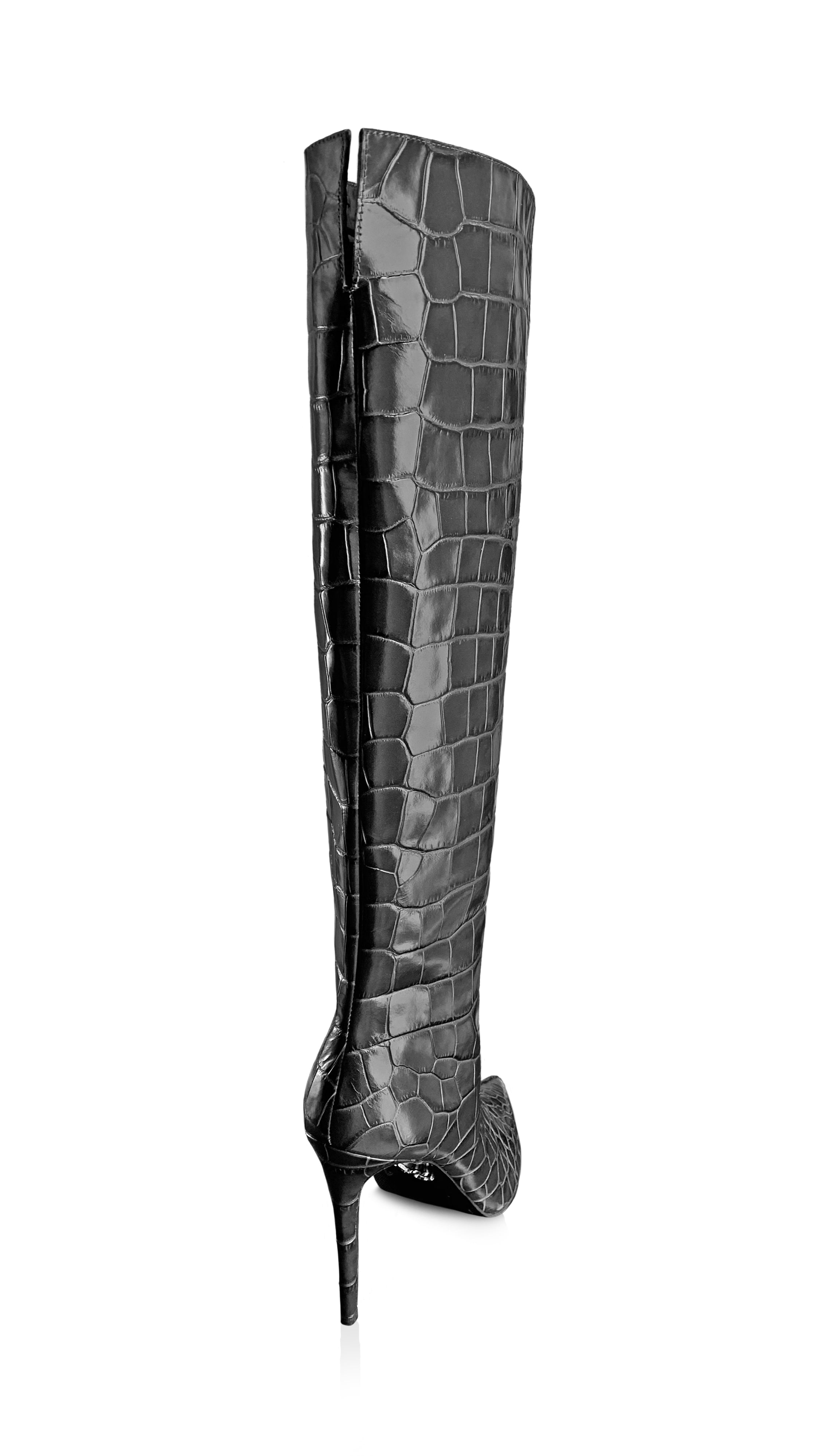 NORA BLACK EMBOSSED LEATHER KNEE BOOTS