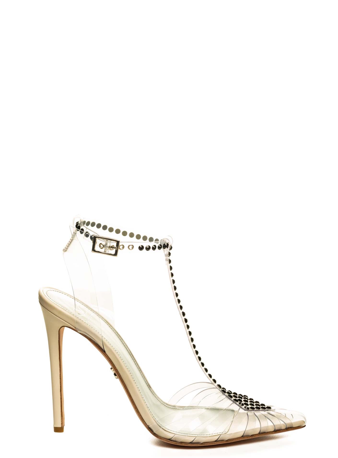 SOLANGE BLACK CRYSTAL EMBELLISHED NUDE CALF & PVC PUMP - Monika Chiang