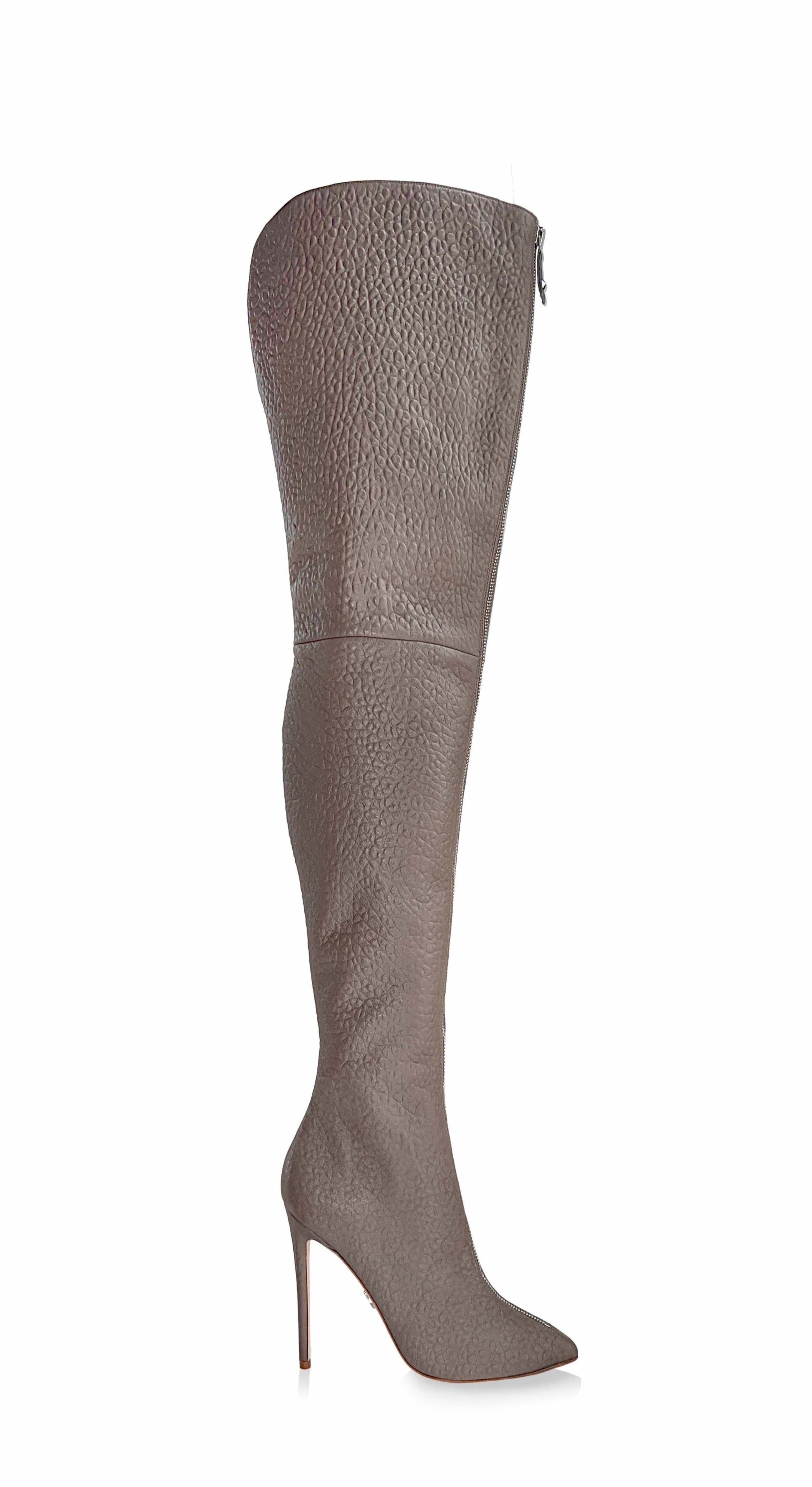 BLAIR MEDIUM TAUPE LEATHER SILVER ZIP THIGH-HIGH BOOTS