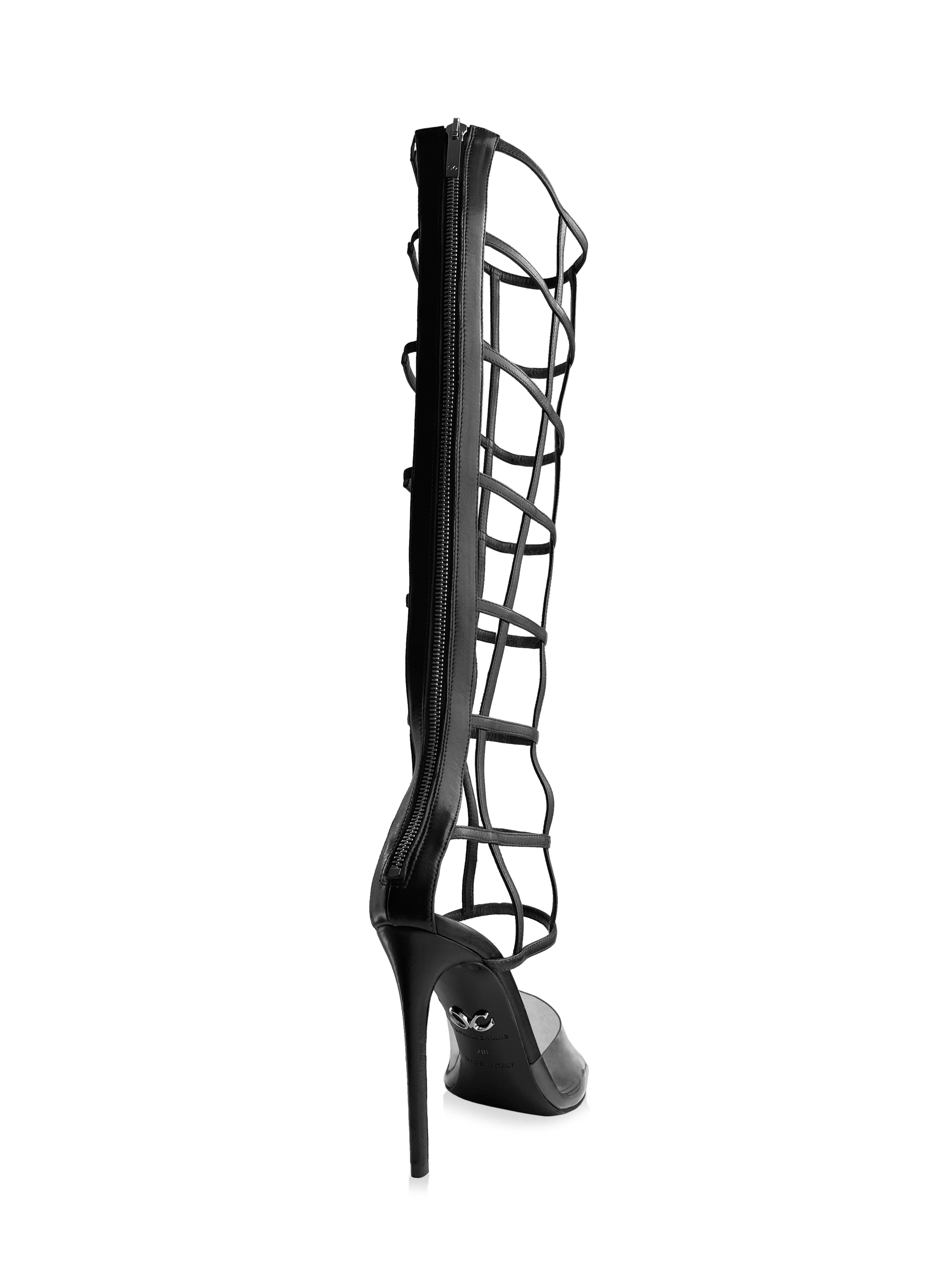 MAXIME KNEE HIGH BLACK LEATHER & PVC SANDALS