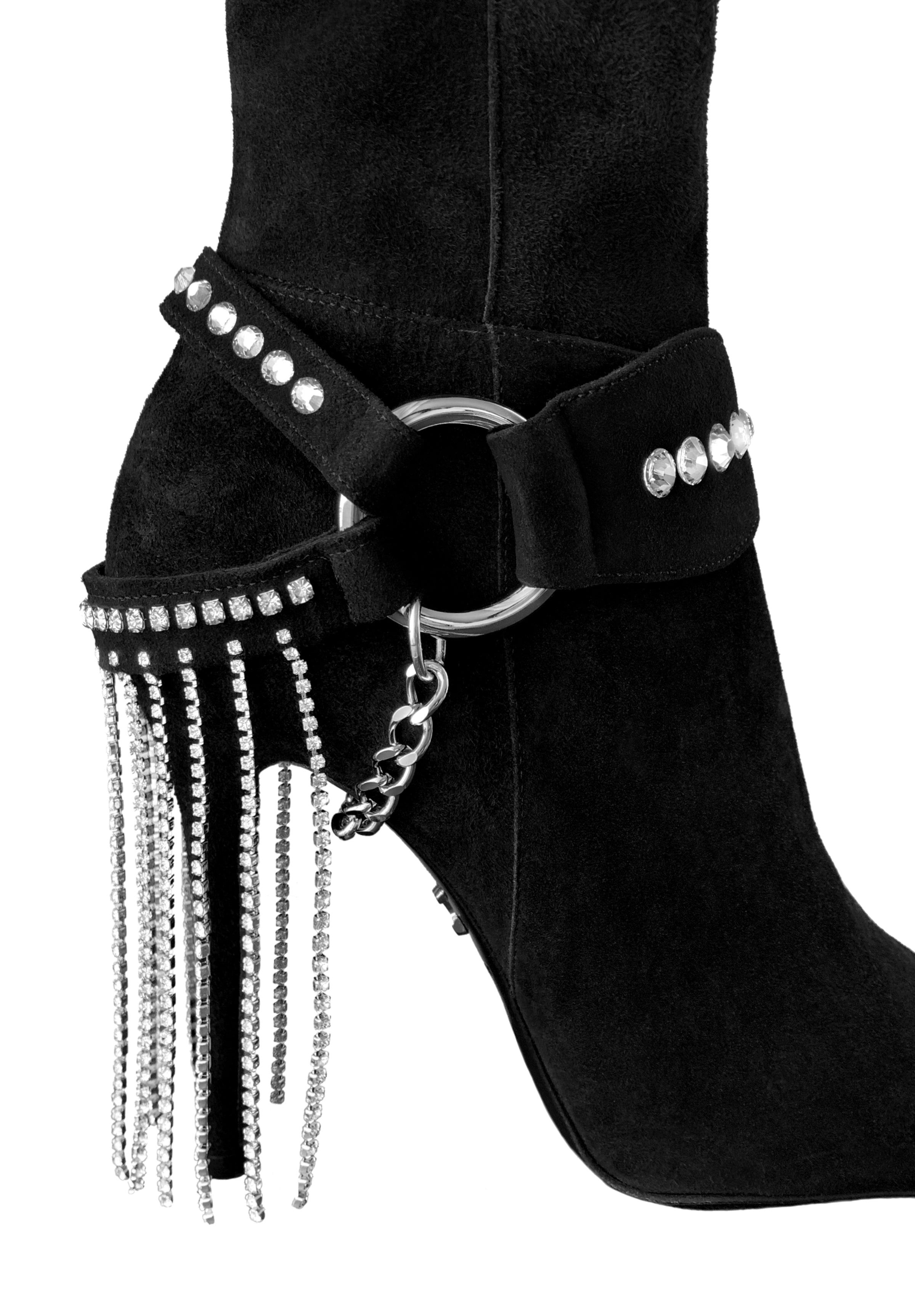 LACIA I CRYSTAL FRINGE STRETCH SUEDE THIGH-HIGH BOOT - Monika Chiang