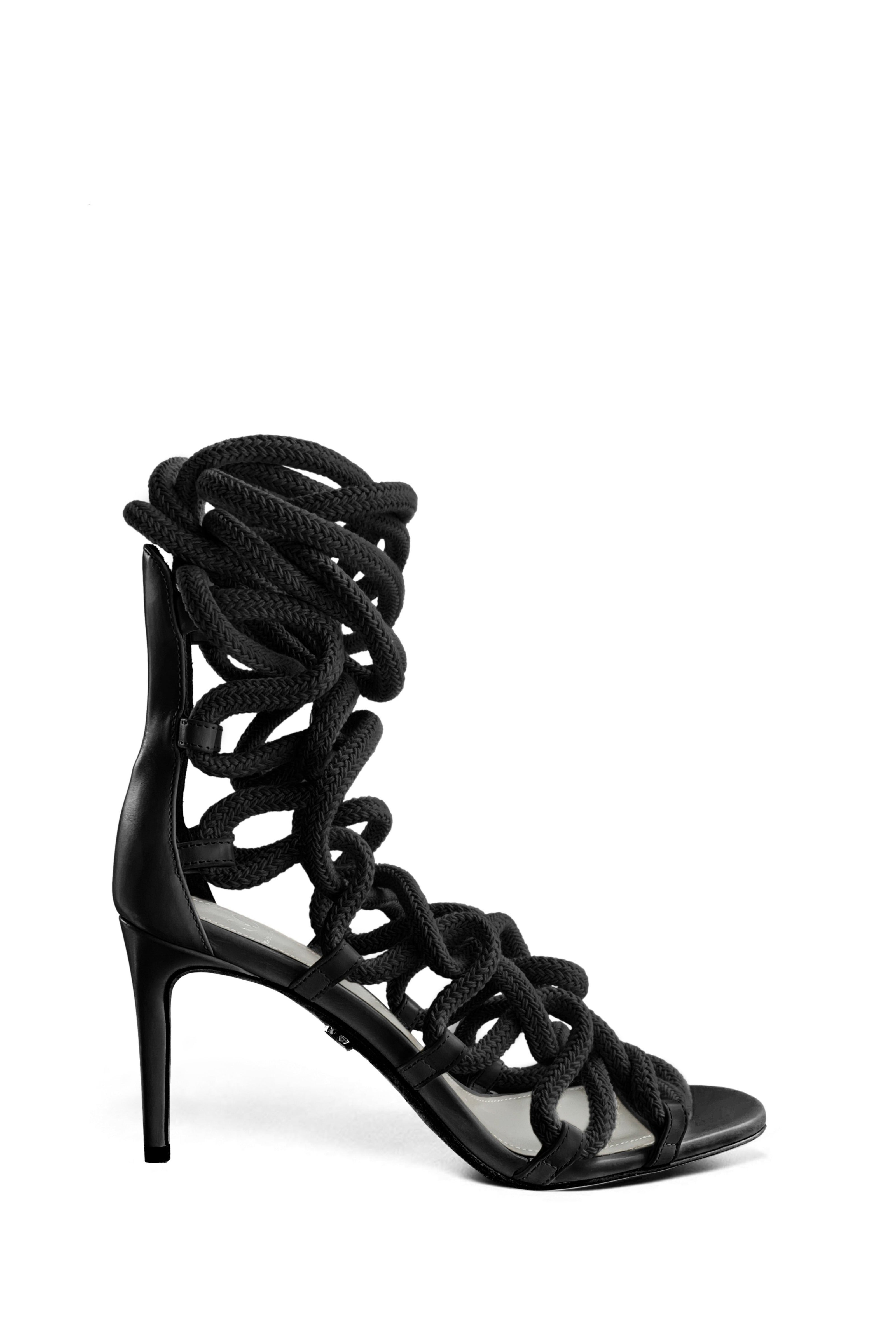 CARLA 80 BLACK LEATHER & ROPE SANDALS