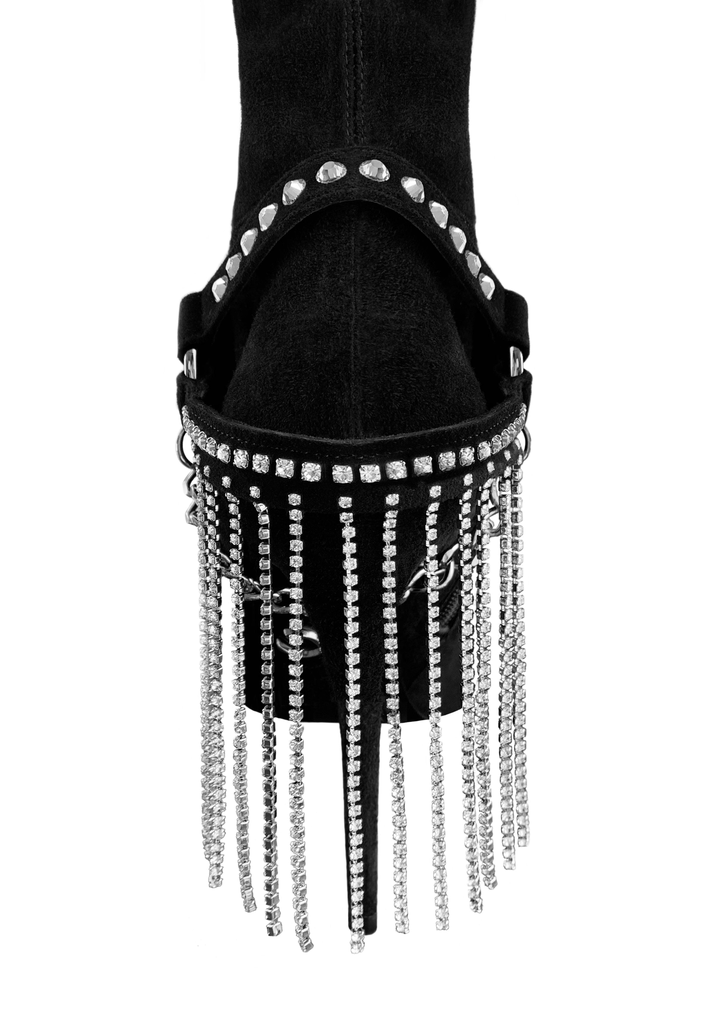 LACIA I CRYSTAL FRINGE STRETCH SUEDE THIGH-HIGH BOOT - Monika Chiang