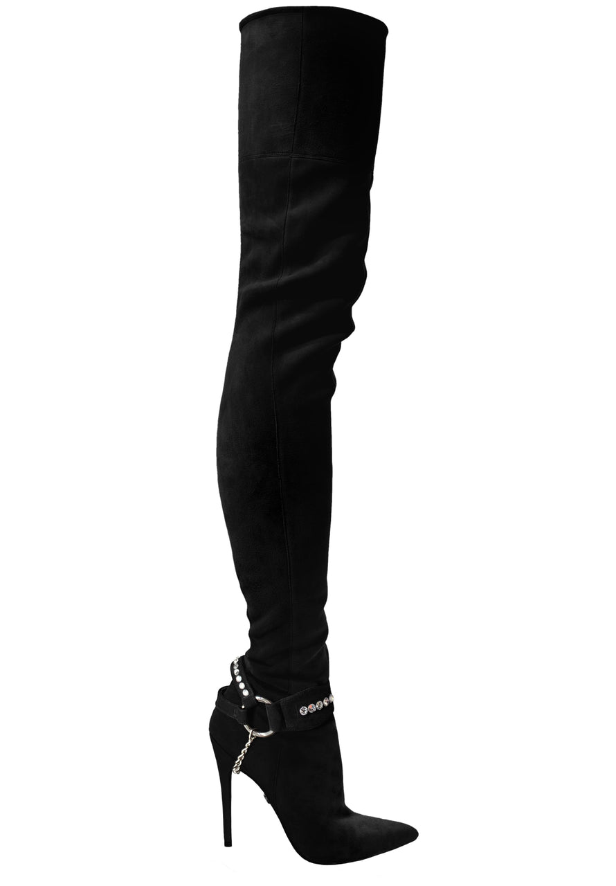 LACIA II CRYSTAL-EMBELLISHED STRETCH SUEDE THIGH-HIGH BOOT - Monika Chiang
