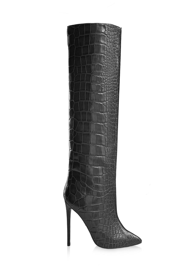 NORA BLACK EMBOSSED LEATHER KNEE BOOTS