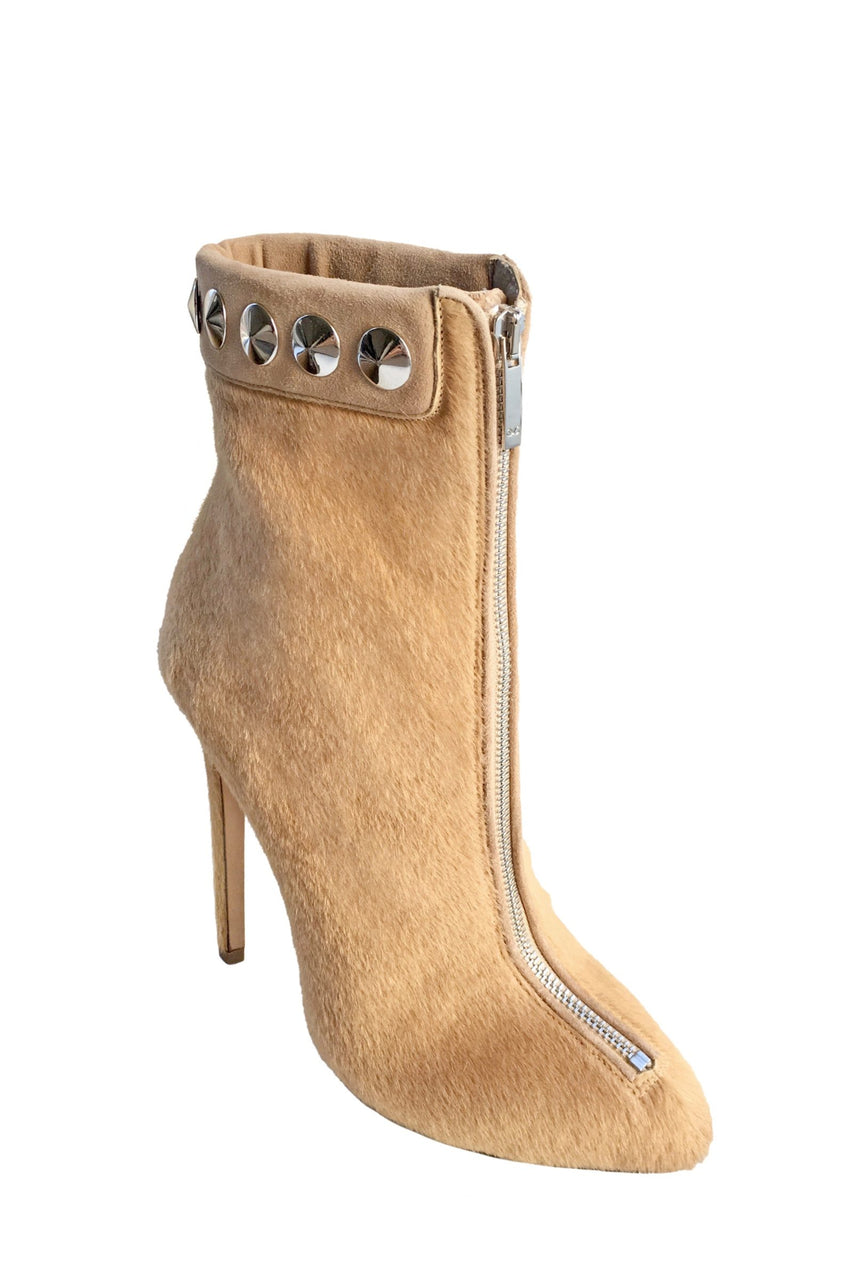 TRAINA CAMEL CALF HAIR ANKLE BOOT - Monika Chiang