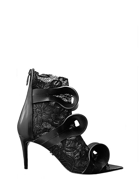 ALIX 80 BLACK LEATHER & BLACK LACE SANDAL - Monika Chiang