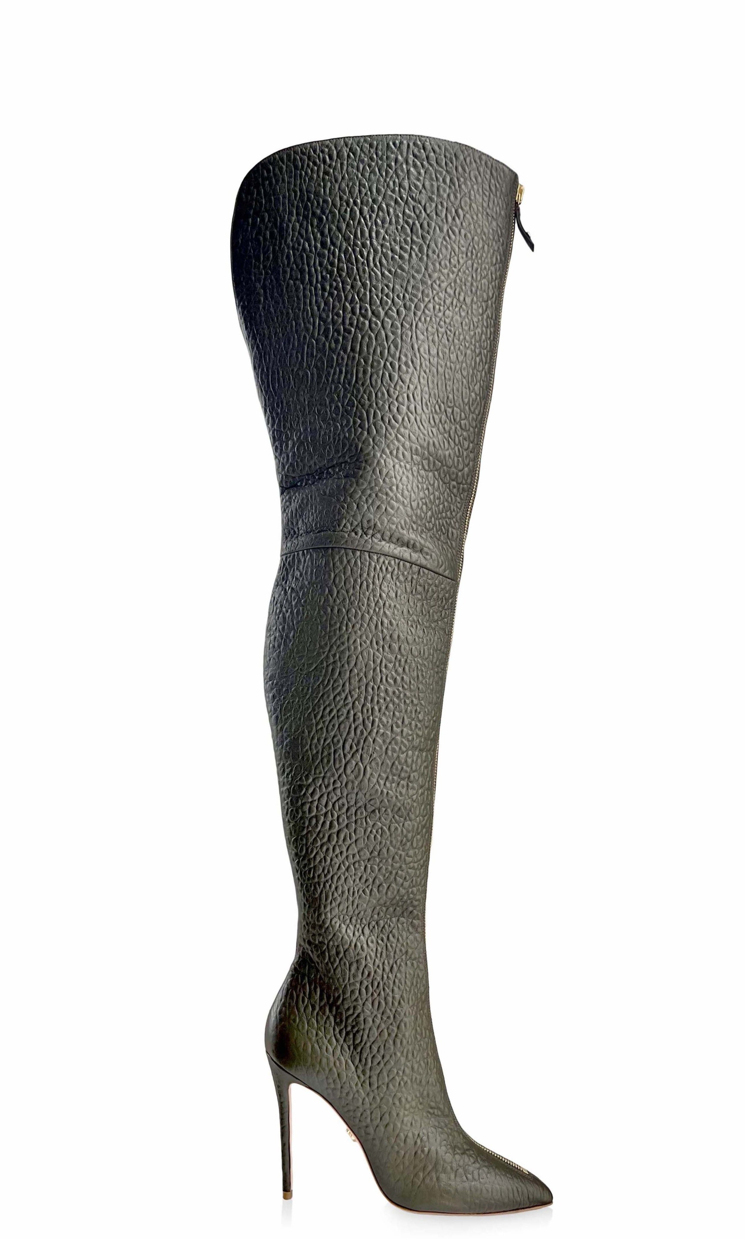 BLAIR MEDUIM ARMY GREEN LEATHER GOLD ZIP THIGH-HIGH BOOTS