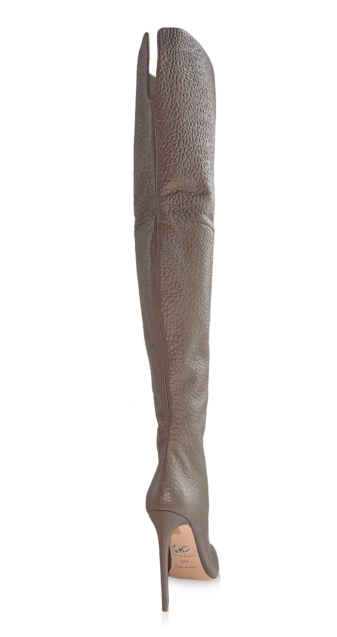 BLAIR MEDIUM TAUPE LEATHER SILVER ZIP THIGH-HIGH BOOTS