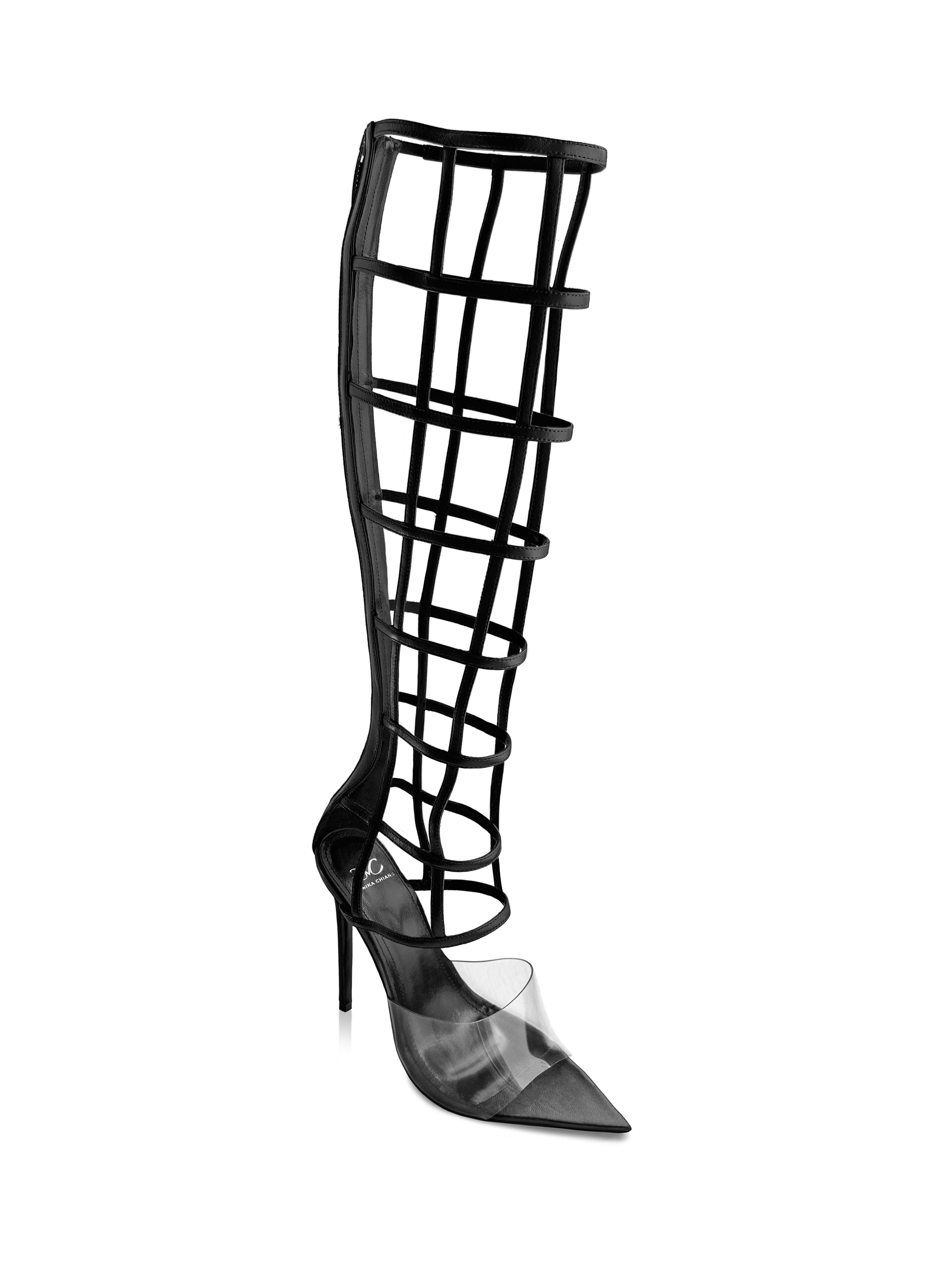 MAXIME KNEE HIGH BLACK LEATHER & PVC SANDALS